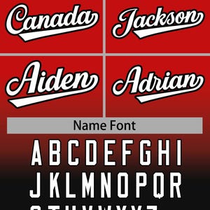 May include: A graphic showing a baseball-style font with the words "TEAM NAME FONT EXAMPLE" at the top. The font is shown in white on a red background with examples of names like "Anthony", "USA", "Canada", "Jackson", "Aiden", and "Adrian". The alphabet and numbers are shown in white on a black background.