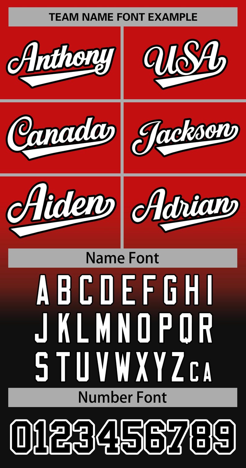 May include: A graphic showing a baseball-style font with the words "TEAM NAME FONT EXAMPLE" at the top. The font is shown in white on a red background with examples of names like "Anthony", "USA", "Canada", "Jackson", "Aiden", and "Adrian". The alphabet and numbers are shown in white on a black background.