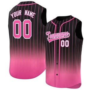 May include: Black and pink baseball jersey with vertical pinstripes. The jersey features the text "Your Name" and the number "00" on the back, and "Teamname" and "00" on the front. The bottom of the jersey fades to pink.