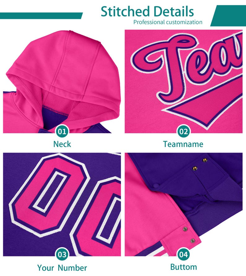 May include: A pink and purple hoodie with stitched details. The hoodie has a hood, a zipper, and a pocket. The text "Team" is stitched on the front of the hoodie. The number "00" is stitched on the back of the hoodie. The hoodie has a pink and white stripe on the bottom.