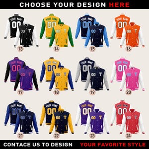 May include: Twenty-four different designs for a varsity jacket with various color combinations. The jackets feature a white, black, or gray base with different colored sleeves and collars. The jackets have a zipper closure and two pockets. The text "YOUR NAME" and "00" are printed on the front and back of the jackets.
