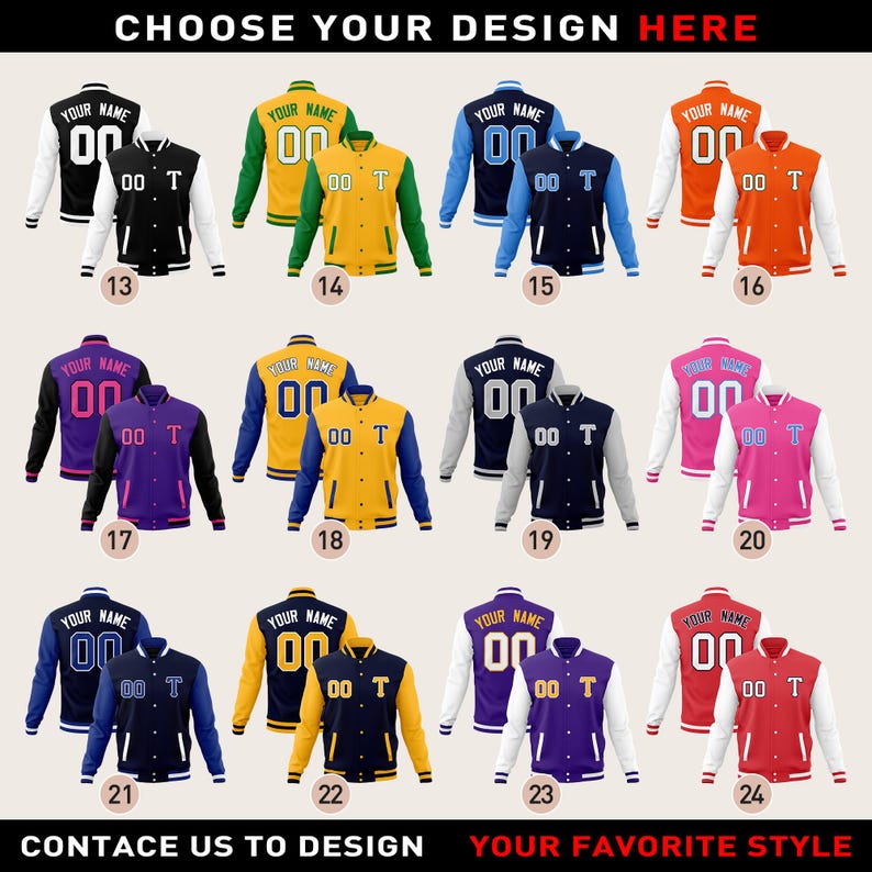 May include: Twenty-four different designs for a varsity jacket with various color combinations. The jackets feature a white, black, or gray base with different colored sleeves and collars. The jackets have a zipper closure and two pockets. The text "YOUR NAME" and "00" are printed on the front and back of the jackets.