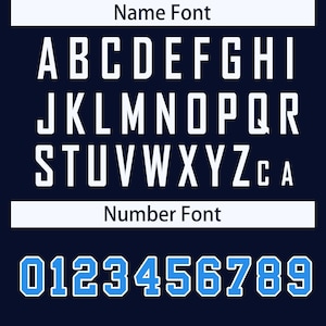 May include: A white alphabet and blue numbers font chart. The letters are in a blocky, bold font. The numbers are in a bold, blocky font with a blue outline.