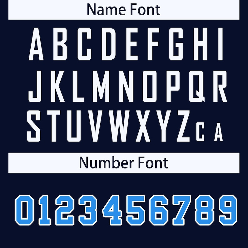 May include: A white alphabet and blue numbers font chart. The letters are in a blocky, bold font. The numbers are in a bold, blocky font with a blue outline.
