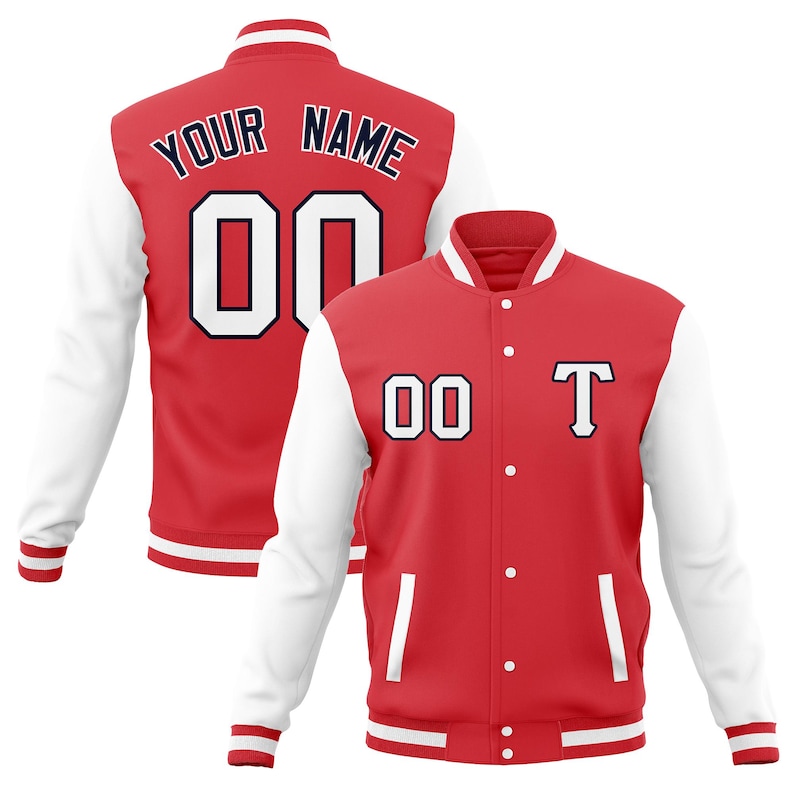 May include: Red and white varsity jacket with a white number "00" and the text "YOUR NAME" on the back. The front of the jacket has a white number "00" and a navy blue letter "T" on the left chest.