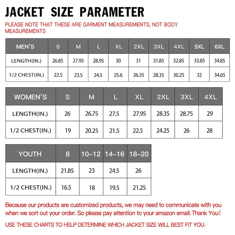 May include: A chart showing jacket size parameters for men, women, and youth. The chart lists measurements in inches for length and 1/2 chest. The chart includes sizes from S to 6XL for men, S to 4XL for women, and sizes 8, 10-12, 14-16, and 18-20 for youth.