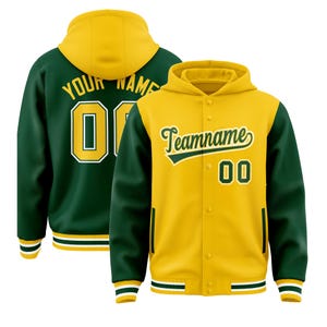 May include: A green and gold baseball jacket with a hood. The jacket has a white stripe on the sleeves and bottom. The back of the jacket has the text "Your Name" and the number "00". The front of the jacket has the text "Teamname" and the number "00".