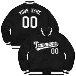 May include: Black satin varsity jacket with white and gray striped trim. The jacket features the text "YOUR NAME" and the number "00" on the back. The front of the jacket displays the text "Teamname" and the number "00".