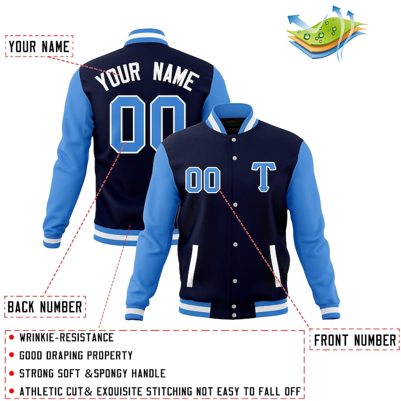 May include: A navy blue and light blue varsity jacket with a white stripe on the sleeves and collar. The jacket has a zipper closure and a button-up front. The back of the jacket has the text "YOUR NAME" and the number "00" in white. The front of the jacket has the number "00" and the letter "T" in white.