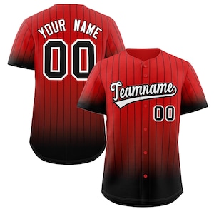 May include: Red and black baseball jersey with white pinstripes. The jersey has a black and red ombre effect. The text "Teamname" is printed in white on the front of the jersey. The number "00" is printed in white on the back of the jersey.