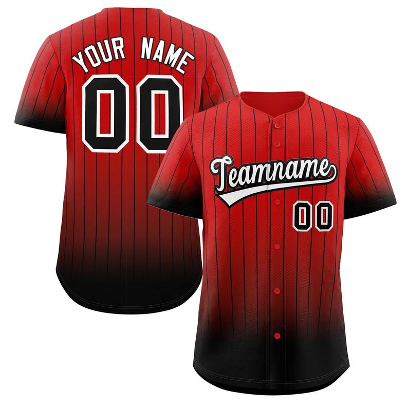 May include: Red and black baseball jersey with white pinstripes. The jersey has a black and red ombre effect. The text "Teamname" is printed in white on the front of the jersey. The number "00" is printed in white on the back of the jersey.