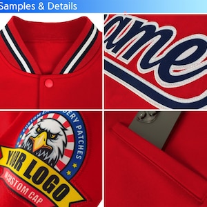 May include: Red baseball jacket with a white and blue striped collar, a pocket on the left side, and a large embroidered patch on the left chest featuring a bald eagle, stars, and the text "Your Logo Custom Cap".