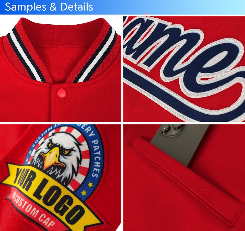 May include: Red baseball jacket with a white and blue striped collar, a pocket on the left side, and a large embroidered patch on the left chest featuring a bald eagle, stars, and the text "Your Logo Custom Cap".