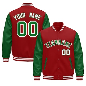 May include: A red and green varsity jacket with white accents. The jacket features green sleeves, a red body, and white stripes on the collar, cuffs, and hem. The back displays "YOUR NAME" and the number "00" in green. The front has "TEAMNAME" and "00".