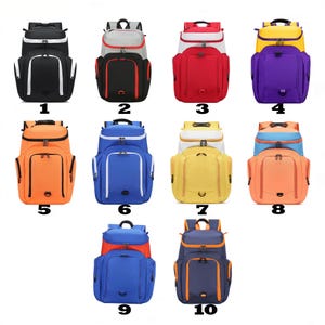 May include: A collection of ten backpacks in various colors, including black, red, blue, orange, yellow, and purple. Each backpack has multiple compartments and a top handle. The backpacks are numbered 1 through 10.