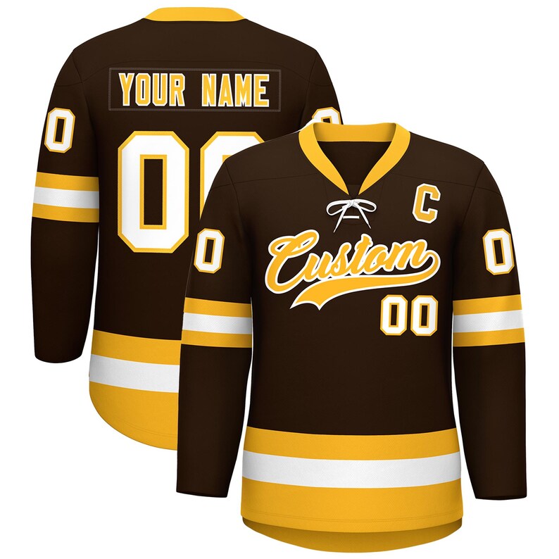 May include: A brown hockey jersey with gold and white accents. The jersey features the word "Custom" in gold script, the number "00", and the letter "C". The back of the jersey has the text "YOUR NAME" and the number "0".