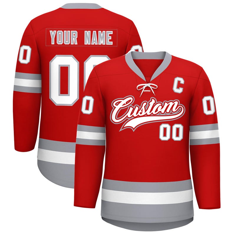 May include: Red custom hockey jersey with white and gray accents. The jersey features the word "Custom" in a stylized script, the number "00", and the text "YOUR NAME" on the back. The jersey has long sleeves and a gray collar.