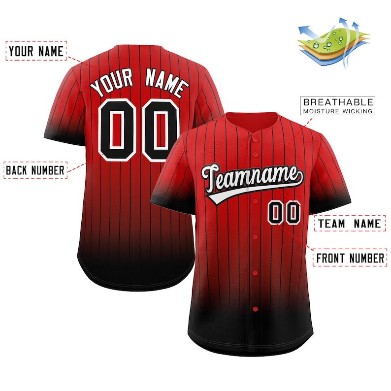 May include: Red and black baseball jersey with white pinstripes. The jersey has a black and red gradient fade. The back of the jersey has "YOUR NAME" and "00" in white. The front of the jersey has "Teamname" in white with a white outline and "00" in white.
