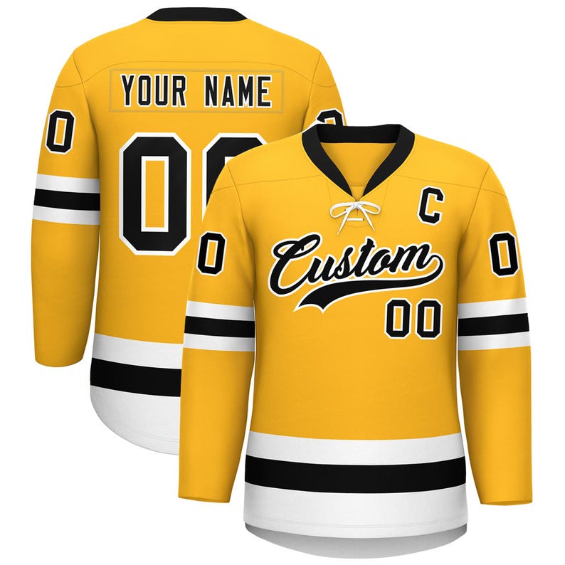 May include: A yellow hockey jersey with black and white accents. The jersey features the text "YOUR NAME" on the back and "Custom" on the front, along with the number "00". The jersey has a black collar and white cuffs.