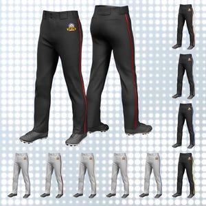 May include: Ten pairs of baseball trousers with contrasting coloured side stripes. The trousers are black, grey, and white with red, blue, yellow, and orange stripes.