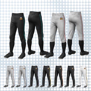 May include: Ten pairs of baseball trousers in a variety of colours, including black, white, grey, and yellow. The trousers have contrasting coloured stripes down the sides and a logo on the right leg.