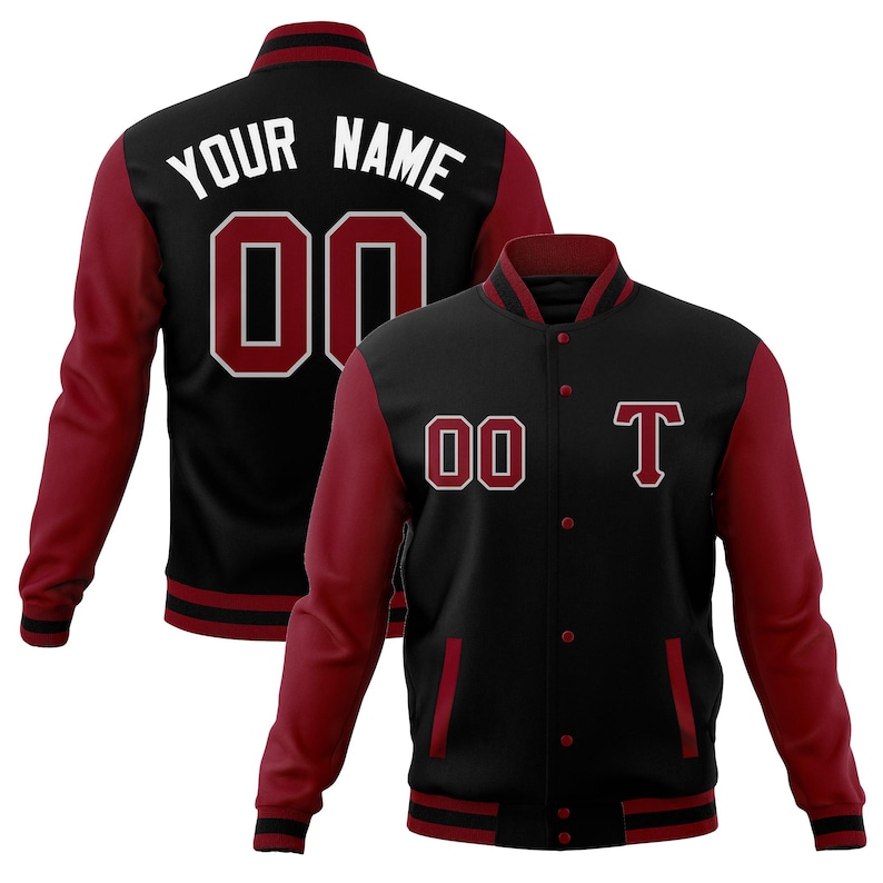 May include: Black and maroon varsity jacket with a white "YOUR NAME" and "00" on the back and a white "00" and "T" on the front.