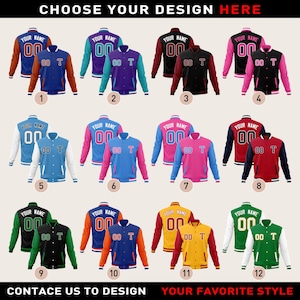 May include: Twelve different designs for a varsity jacket with a variety of color combinations. Each jacket has a number and the words "Your Name" on the front and back.