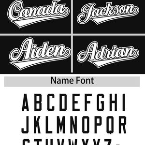 May include: A black and white image showing a font style for names and numbers. The name font is a bold, blocky style with a slight curve at the top of each letter. The number font is a bold, blocky style with a thick outline. The image includes examples of the font styles used for names such as "Anthony", "USA", "Canada", "Jackson", "Aiden", and "Adrian". The image also includes examples of the font styles used for numbers such as "0123456789".