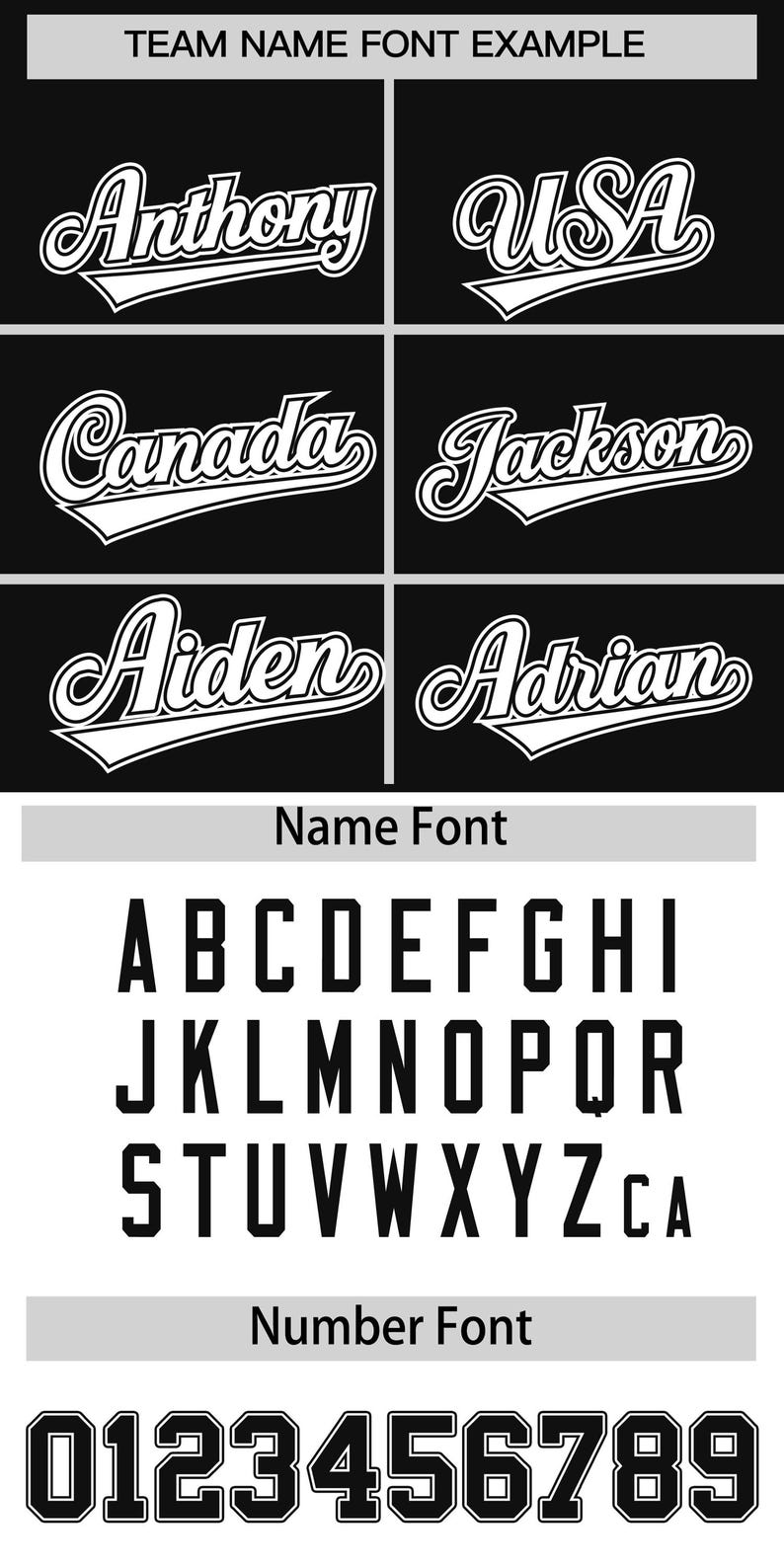 May include: A black and white image showing a font style for names and numbers. The name font is a bold, blocky style with a slight curve at the top of each letter. The number font is a bold, blocky style with a thick outline. The image includes examples of the font styles used for names such as "Anthony", "USA", "Canada", "Jackson", "Aiden", and "Adrian". The image also includes examples of the font styles used for numbers such as "0123456789".