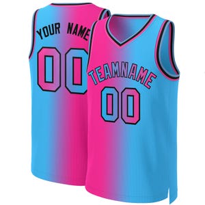 May include: Two basketball jerseys, one in front of the other. The jerseys are a gradient of pink and blue. The front jersey has the text "TEAMNAME" and the number "00" in black with a pink outline. The back jersey has the text "YOUR NAME" and the number "00" in black.