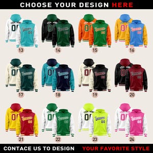 May include: A selection of 24 different varsity jacket designs. Each jacket features a different color combination and a customizable name and number. The jackets are all hooded and have a classic varsity style.