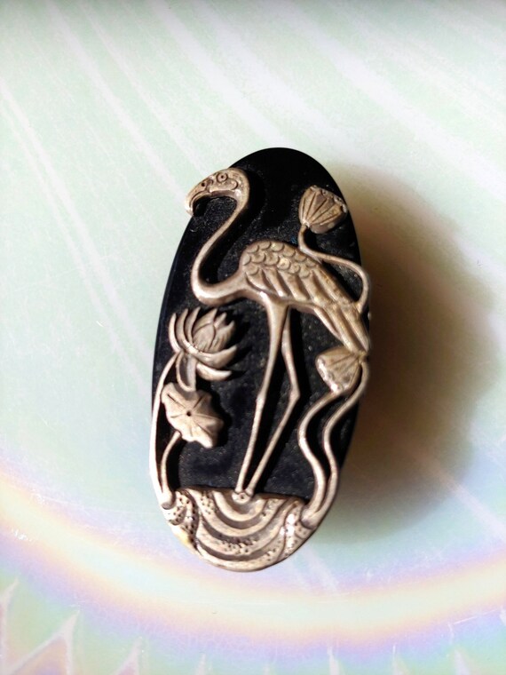 Onyx and Sterling Flamingo Brooch
