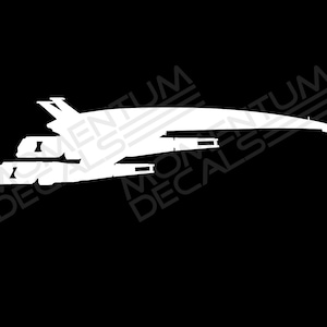 May include: A white silhouette of a spaceship with a long, pointed nose and two wings. The spaceship is flying through space.
