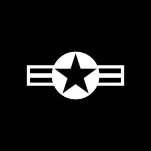 May include: A white circle with a black five-pointed star inside, surrounded by two horizontal white bars.