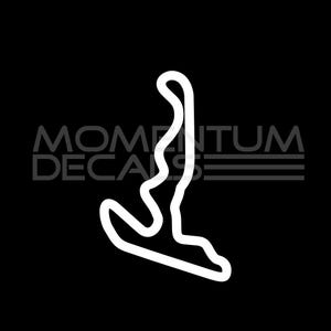 May include: A white outline of a race track, resembling a figure eight, on a black background. The track has a few sharp turns and a long straight section. The text "MOMENTUM DECALS" is visible at the top of the image.