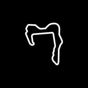 May include: A white outline of a race track in the shape of the number seven on a black background.