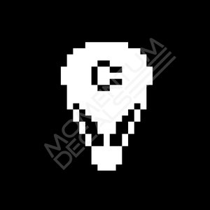 May include: A white pixelated alien head with a single eye in the center. The alien has a large head and a small body with two arms and two legs.