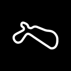 May include: A white outline of a racetrack with a single loop and a long straight away.
