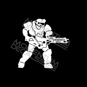 May include: White silhouette of a video game character wearing armor and holding a large gun.