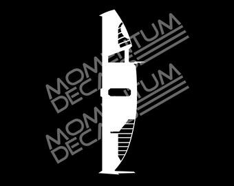 May include: A white silhouette of a modern building with a curved design. The building has a series of horizontal lines on the side.