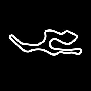 May include: A white line drawing of a race track on a black background.