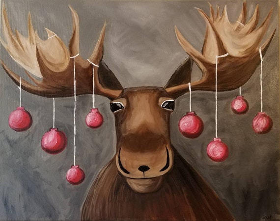 Christmas Moose Acrylic Painting On Stretched Canvas Etsy