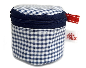 small cosmetic bag, cotton pad storage for travel, blue check