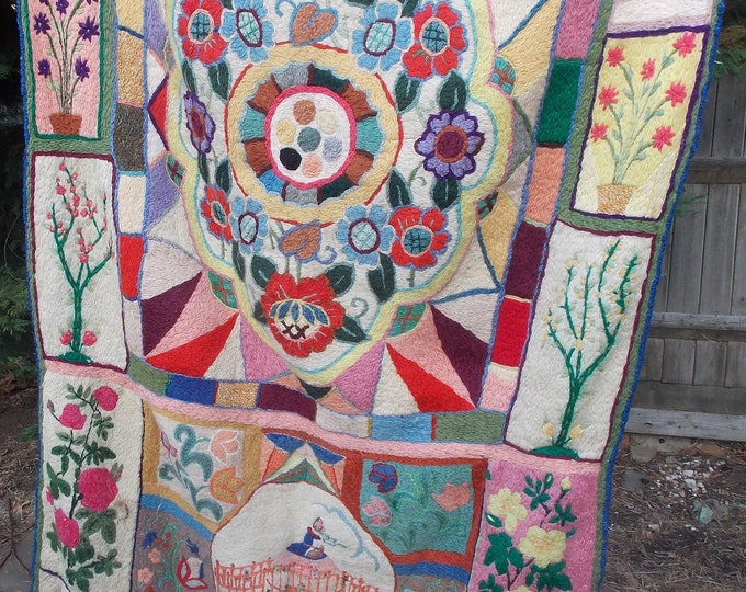 Antique Arts & Crafts Crewel Work Wall Hanging/rug - English Folk Art ...