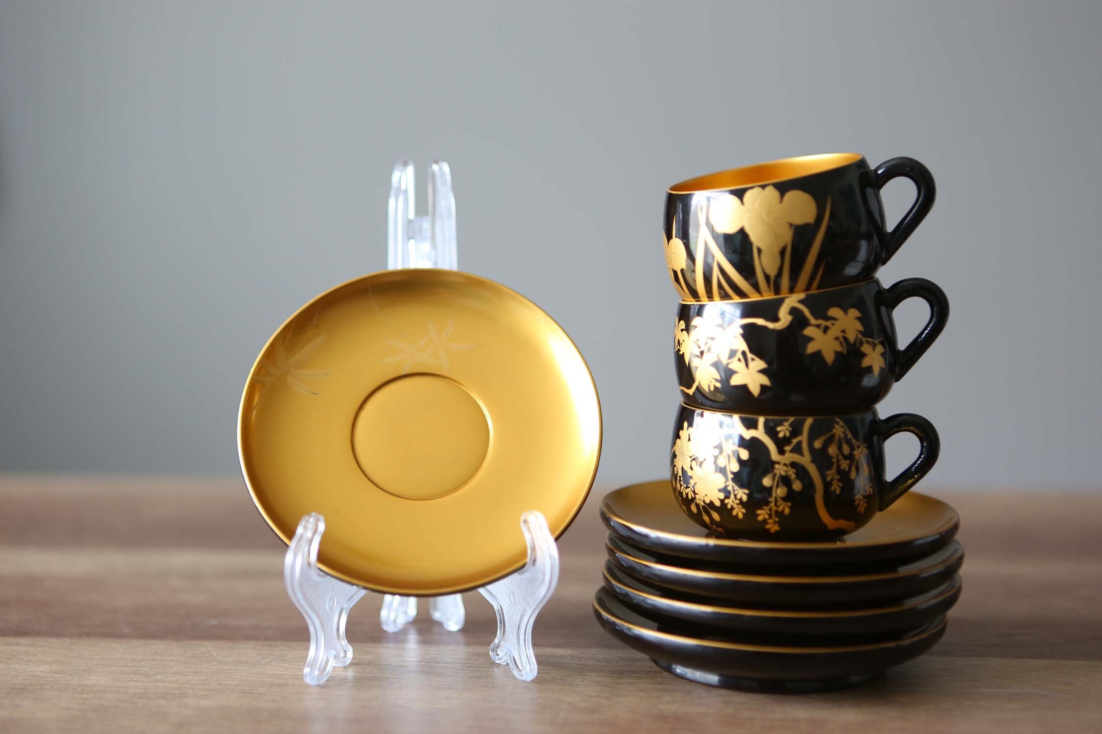 Vintage Black Gold Lacquer Cups and Saucers, Tiny Espresso Vintage Black Gold Lacquer Cups and Saucers, Tiny Espresso