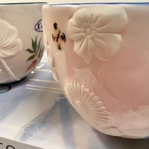 May include: Close-up of two ceramic bowls. One is light pink with embossed floral and butterfly details. The other is white with a blue rim and floral designs. The bowls are on a patterned surface.