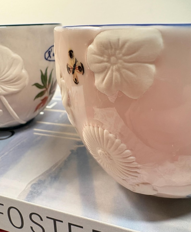 May include: Close-up of two ceramic bowls. One is light pink with embossed floral and butterfly details. The other is white with a blue rim and floral designs. The bowls are on a patterned surface.