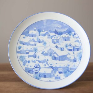 Vintage Winter Village Scene Cake Stand Plate Blue and White Christmas Cake Plate