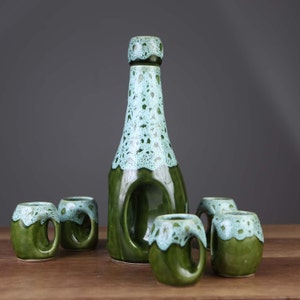 Mid Century Portuguese Green Carafe With 5 Goblets Handcrafted Ceramic Costa Pereira Portugal Art Pottery