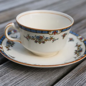 Vintage  Grindley Ivory Cup And Saucer Flowers Floral Blue Trim Made in England